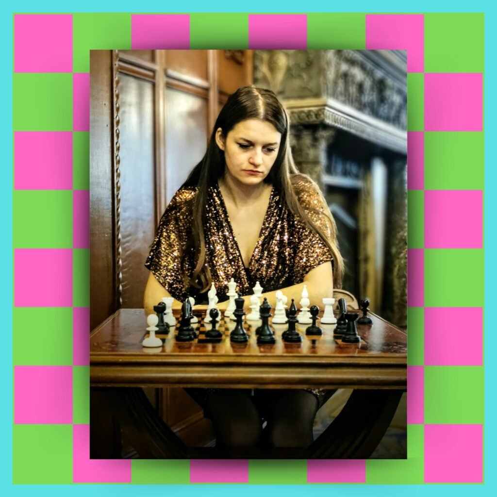 Why do I not enjoy sex, woman in the gold dress thinking above the chess board
