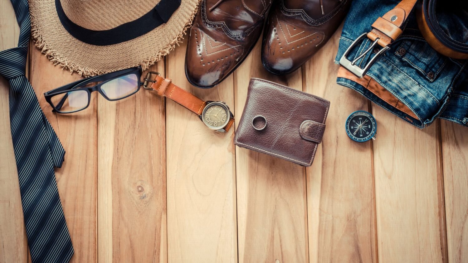 tie, wallet, glasses, man's shoes and a belt on a wooden floor